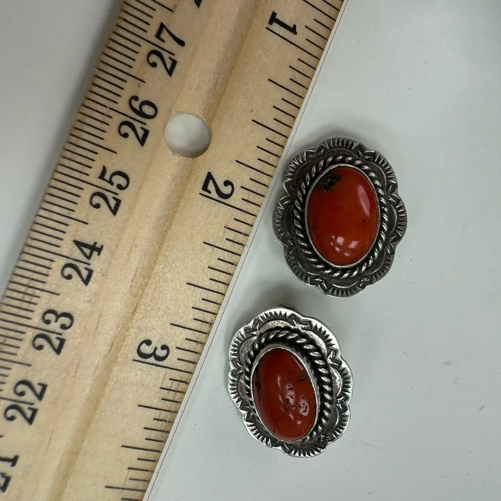 Navajo J. Slifka 925 Sterling silver and coral clip on earrings 11.7g
